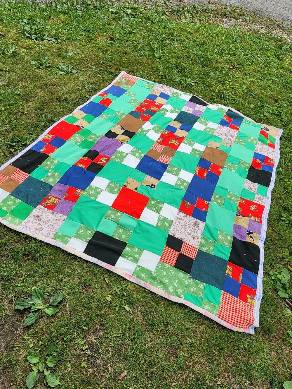 Vintage  handmade tied Mushroom Patchwork plaid floral  Quilt Colorful Quilt